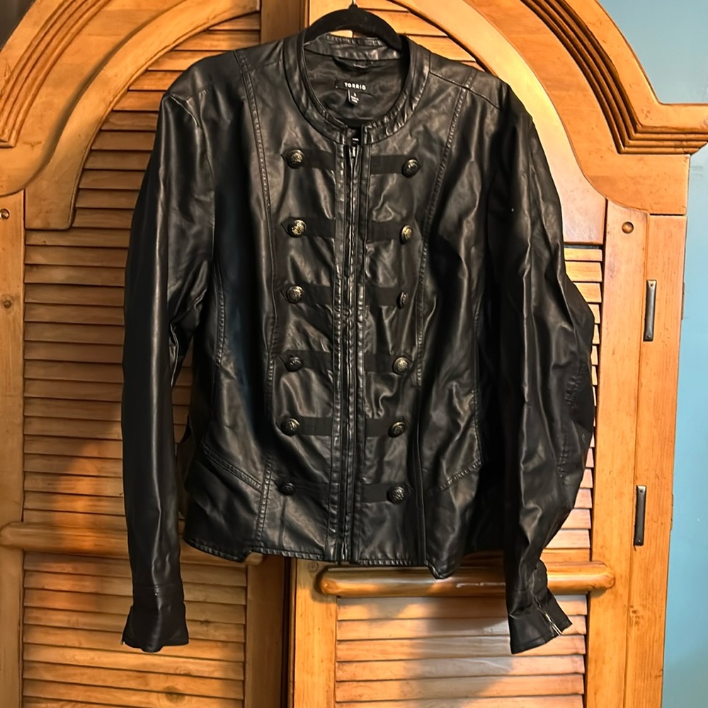 Black faux leather military style woman’s coat